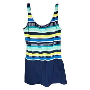 Clean Water XL Swimsuit Dress Blue Striped One Piece Skirted‎ Briefs Bra 678